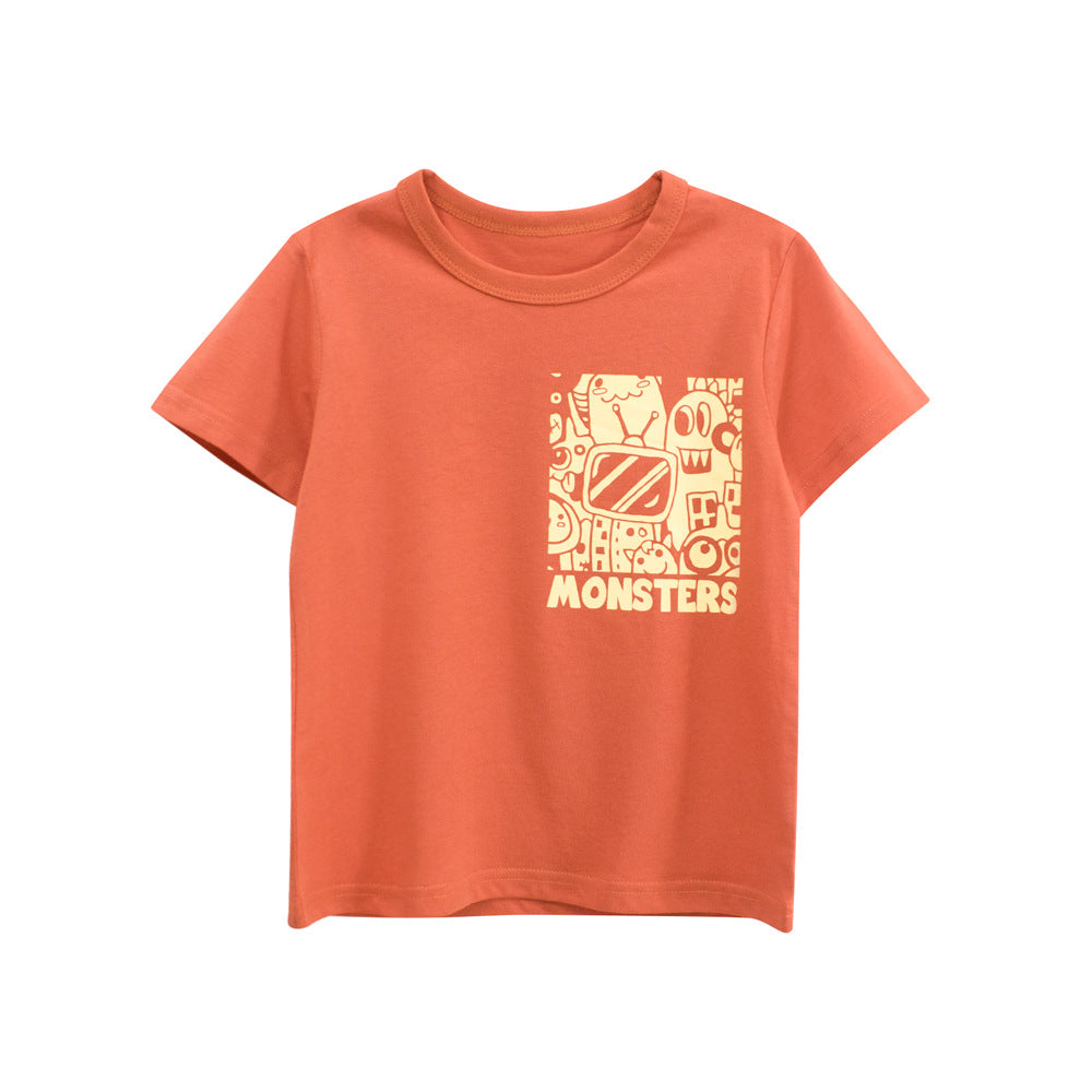 Boys’ Little Monster Cartoon and Letters Print T-shirt in European and American