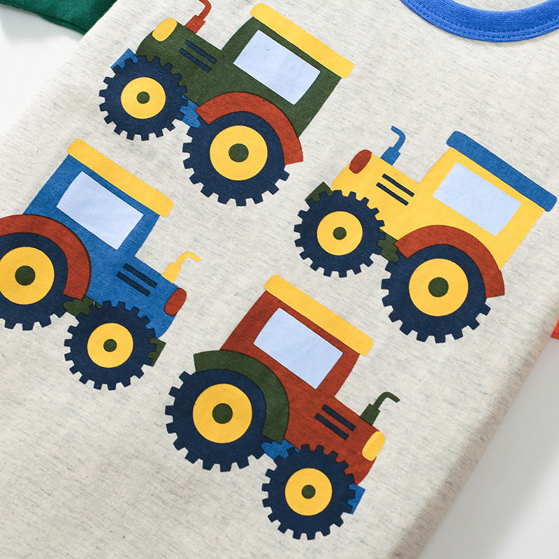 Summer Baby Kids Tractors Cartoon Pattern T-shirt and Green Shorts Clothing Set for Boys