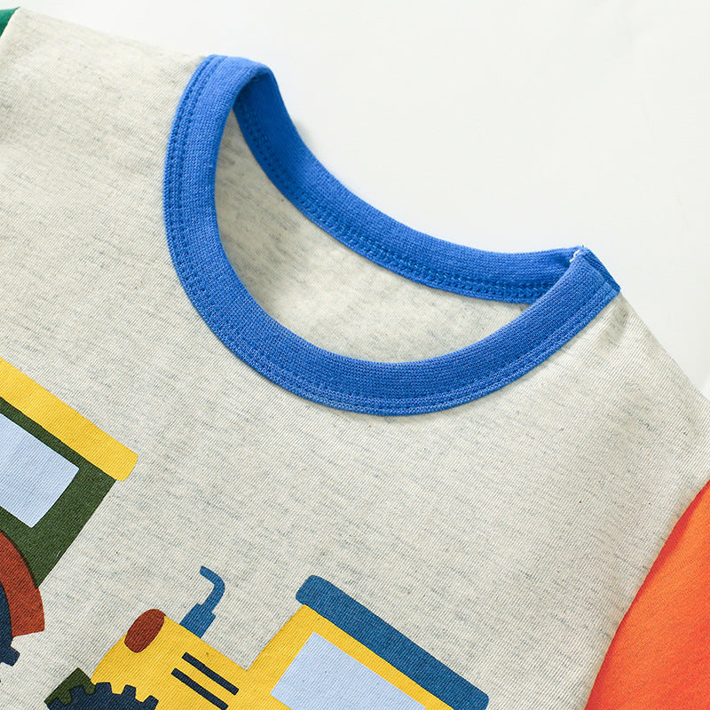 Summer Baby Kids Tractors Cartoon Pattern T-shirt and Green Shorts Clothing Set for Boys