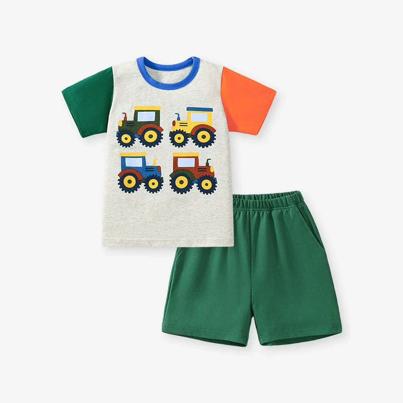 Summer Baby Kids Tractors Cartoon Pattern T-shirt and Green Shorts Clothing Set for Boys
