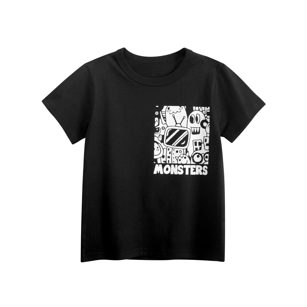 Boys’ Little Monster Cartoon and Letters Print T-shirt in European and American