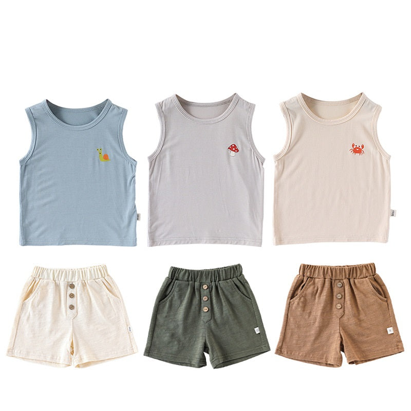 Summer Arrival Baby Unisex Sleeveless Cartoon Logo Top Vest and Shorts Clothing Sets